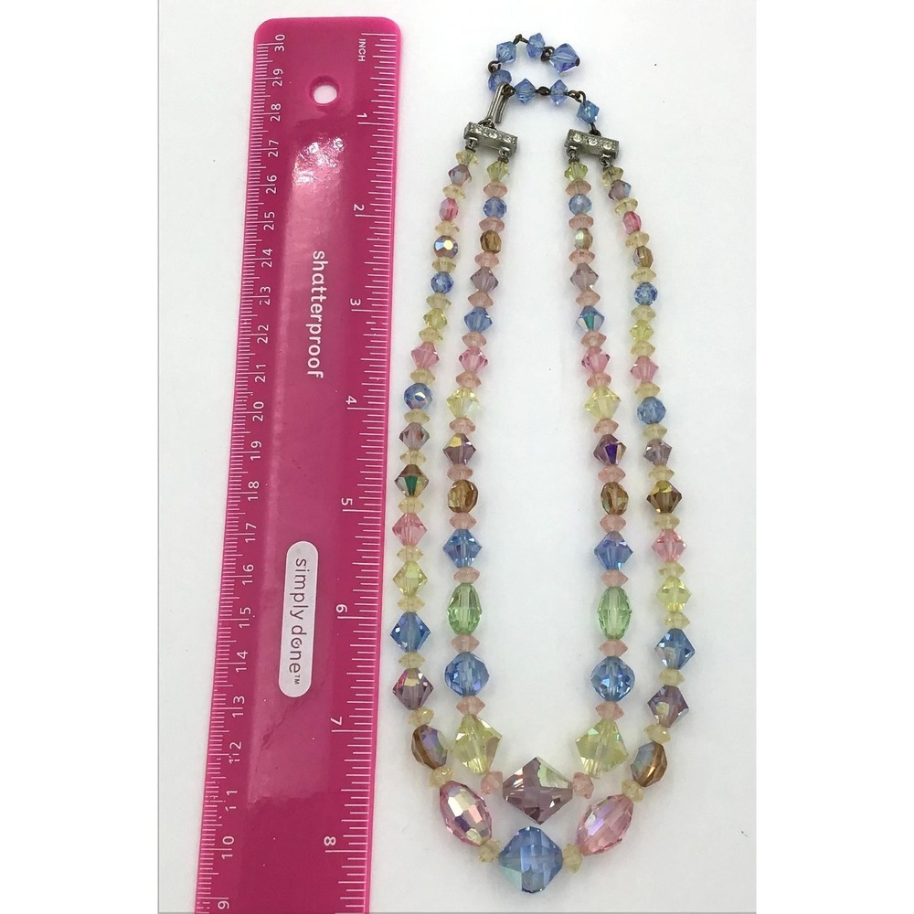 Vintage Aurora Borealis Crystal Bead Double Strand Necklace Pastel Rainbow 16" - Picture 6 of 7